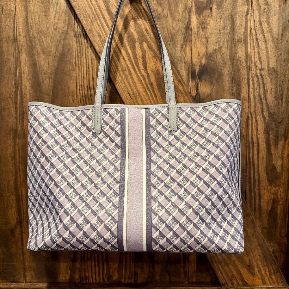 Tory Burch Gray Patterned Canvas Tote with Center Stripe - Picture 3 of 16